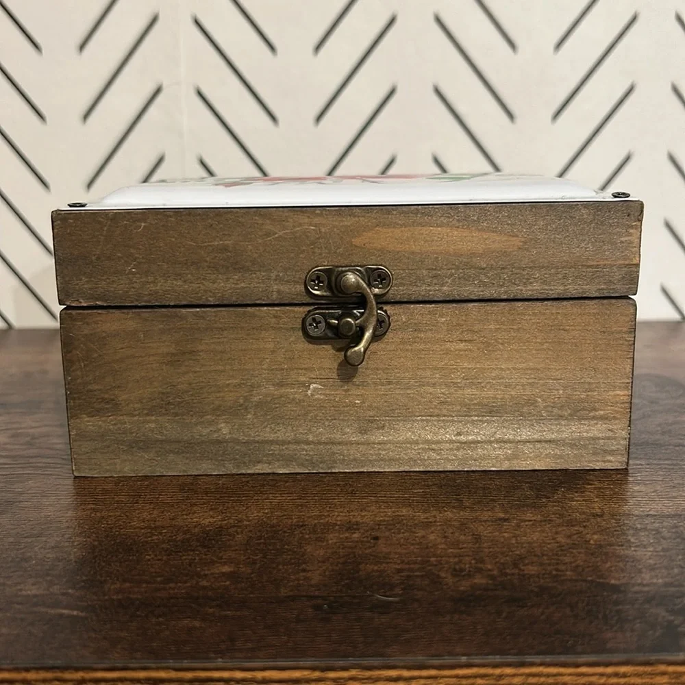 Wooden Trinket Jewelry Storage Box Floral Enamel Tin Top Metal Clasp Closure
